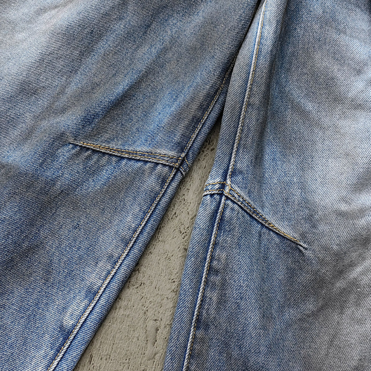 Curved Wide Leg Jeans - Light Blue Acid Wash Asymmetric Wrap Front Arc Panel Y2K Streetwear