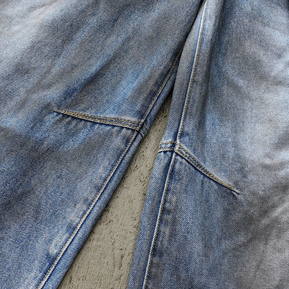 Curved Wide Leg Jeans - Light Blue Acid Wash Asymmetric Wrap Front Arc Panel Y2K Streetwear