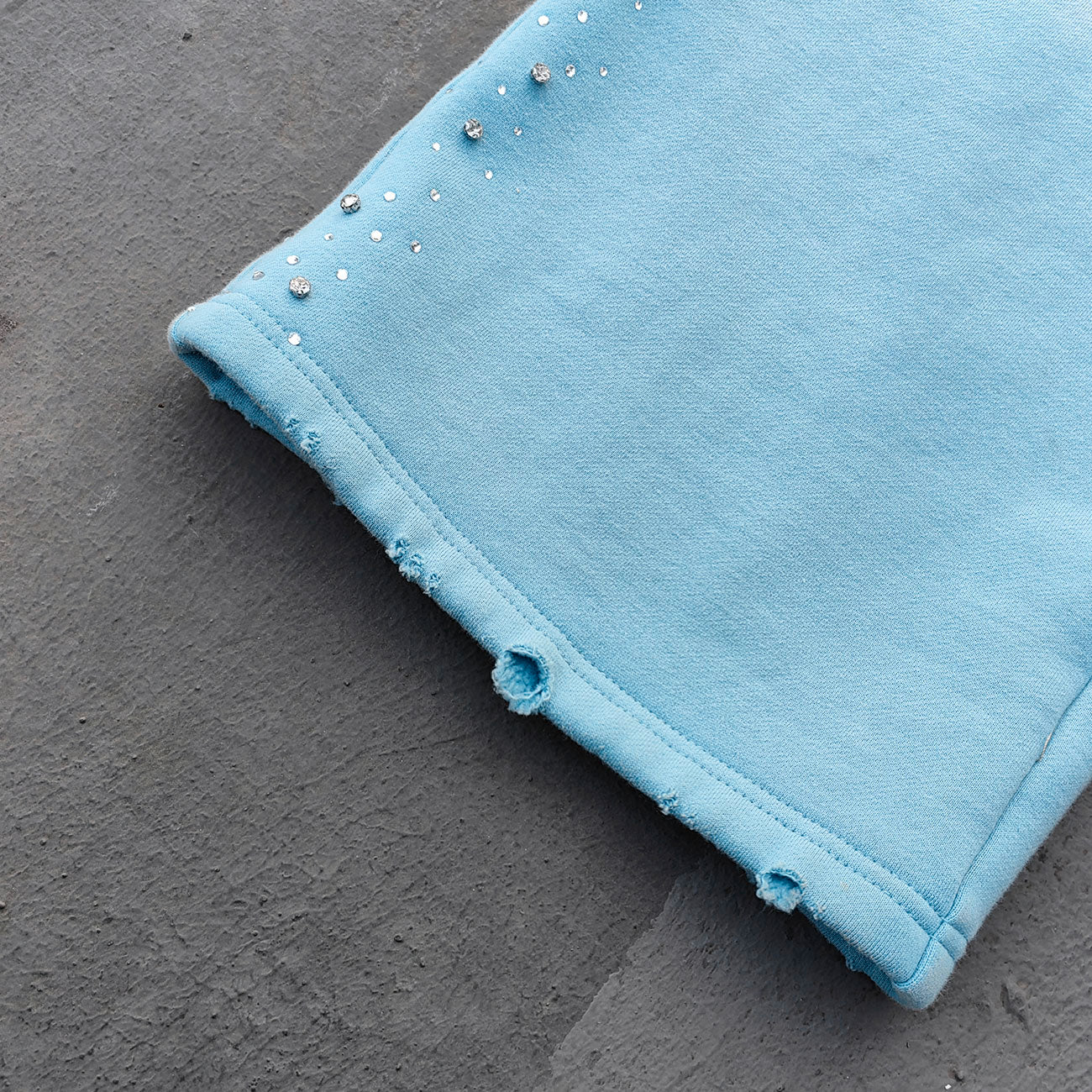 Chain Cross Print Sweatpants - Light Blue Rhinestone Distressed Wide Leg Y2K Streetwear