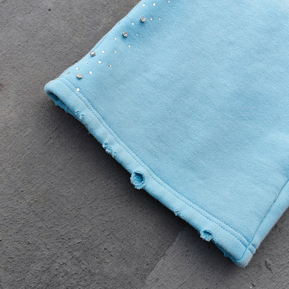 Chain Cross Print Sweatpants - Light Blue Rhinestone Distressed Wide Leg Y2K Streetwear