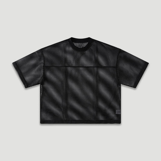 Oversized Black Mesh T Shirt for Men 260G Heavyweight Vintage Streetwear Crop Top Breathable Layering Tee