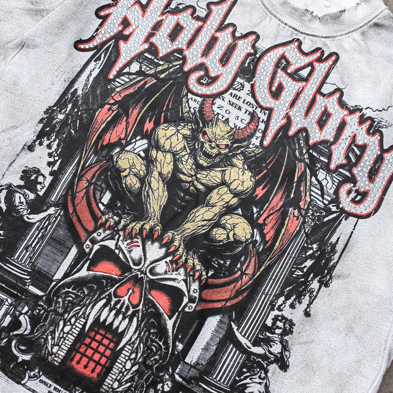 Holy Glory Rhinestone Graphic Tee - White Acid Wash Demon Skull Print Studded Ripped Y2K Streetwear