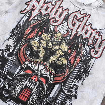 Holy Glory Rhinestone Graphic Tee - White Acid Wash Demon Skull Print Studded Ripped Y2K Streetwear