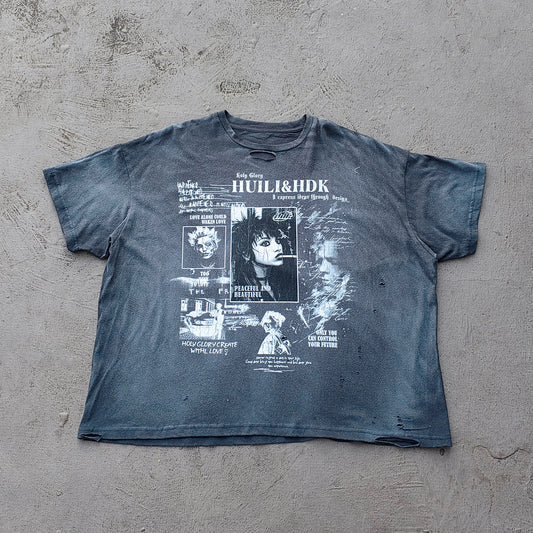 Y2K Vintage T-Shirt - Charcoal Stone Wash HUILI HDK Print Punk Portrait Collage Slogan Ripped Boxy Oversized