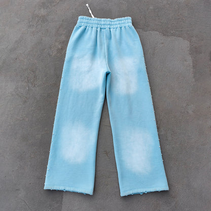 Chain Cross Print Sweatpants - Light Blue Rhinestone Distressed Wide Leg Y2K Streetwear