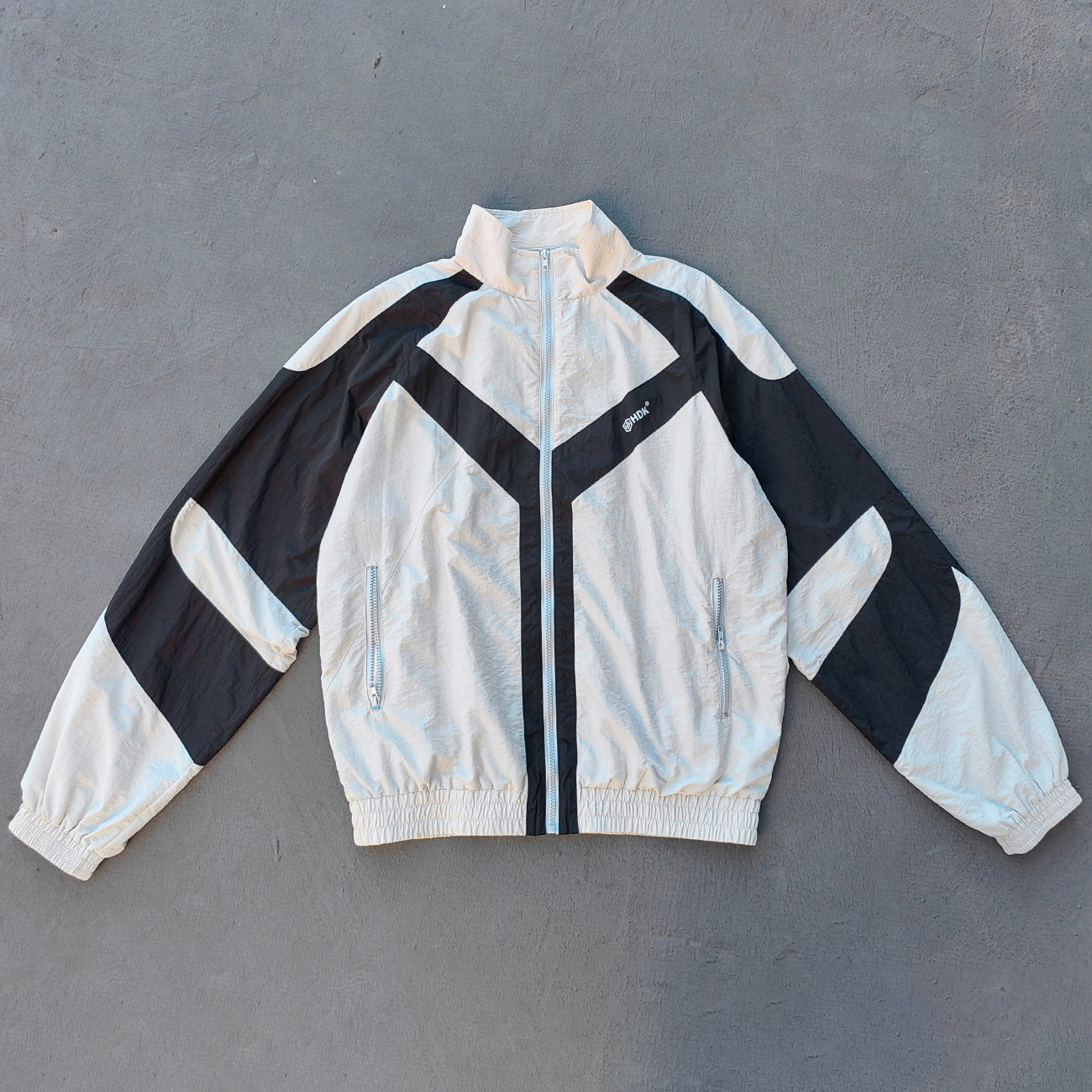 Color Block Track Jacket - White Black Geometric Y2K Windbreaker Streetwear