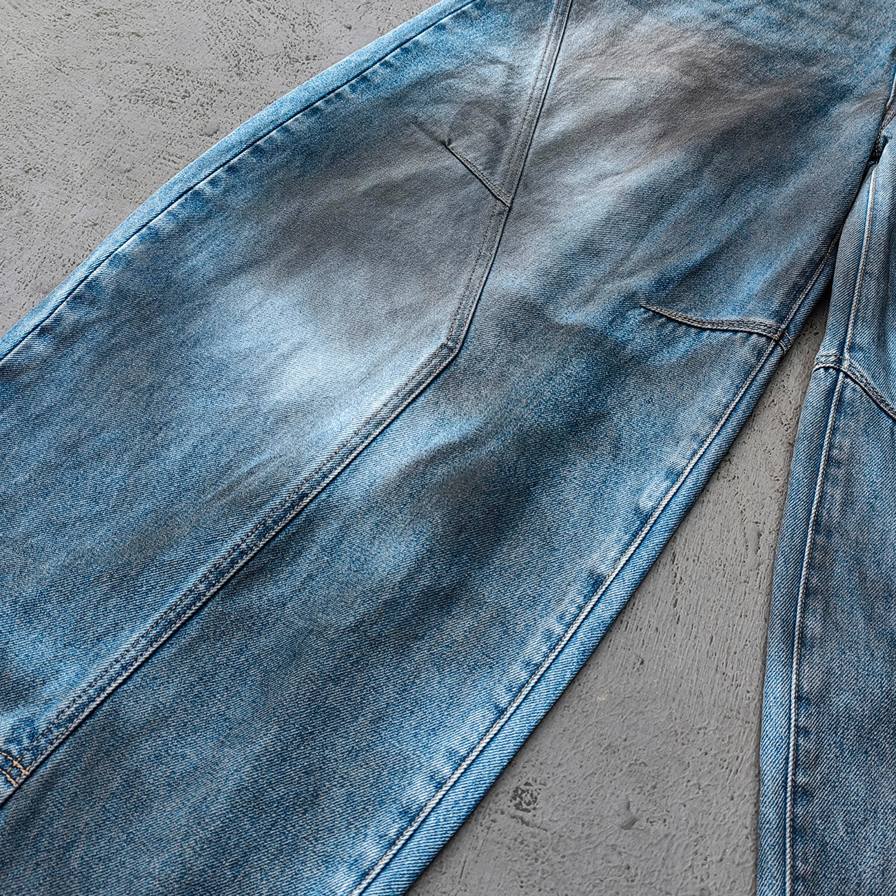 Curved Wide Leg Jeans - Light Blue Acid Wash Asymmetric Wrap Front Arc Panel Y2K Streetwear