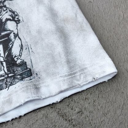 Holy Glory Rhinestone Graphic Tee - White Acid Wash Demon Skull Print Studded Ripped Y2K Streetwear