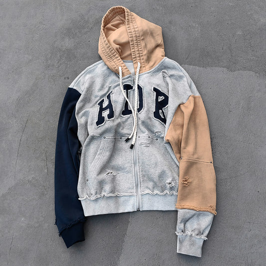 Varsity Letter Patch Zip Up Hoodie - Tri Color Ripped Distressed Y2K Streetwear