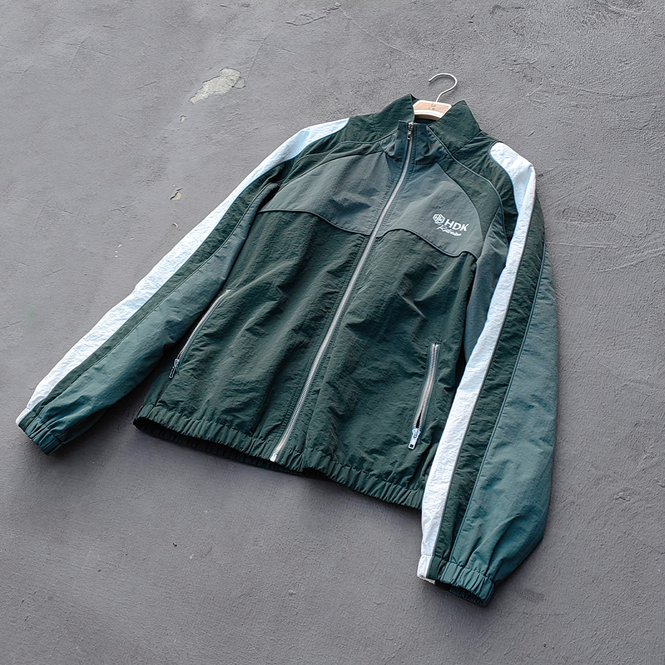 Dark Green Color Block Tracksuit - Y2K Reflective Panel Windbreaker Jacket and Shorts Set