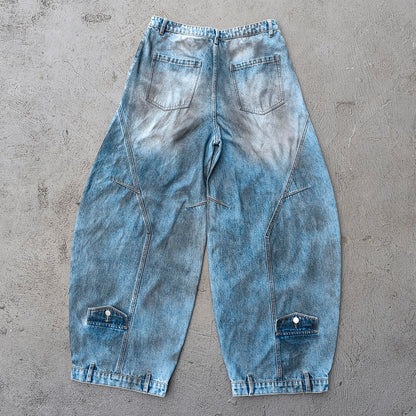 Curved Wide Leg Jeans - Light Blue Acid Wash Asymmetric Wrap Front Arc Panel Y2K Streetwear