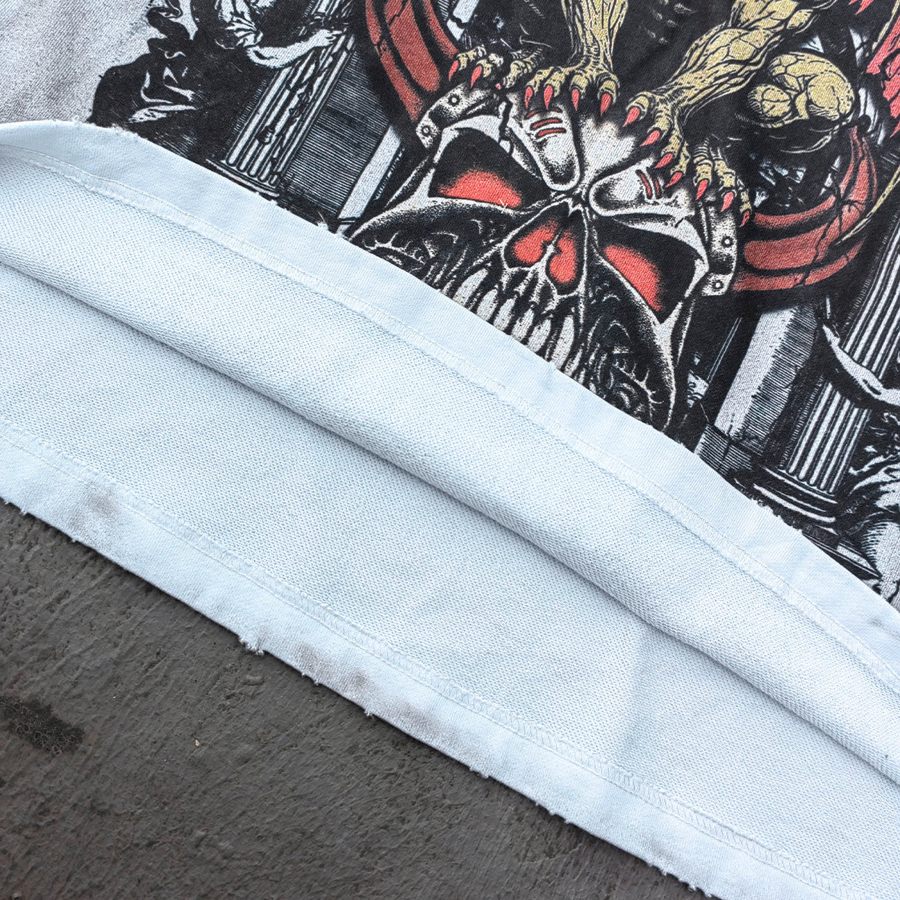 Holy Glory Rhinestone Graphic Tee - White Acid Wash Demon Skull Print Studded Ripped Y2K Streetwear