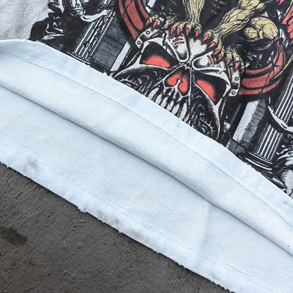 Holy Glory Rhinestone Graphic Tee - White Acid Wash Demon Skull Print Studded Ripped Y2K Streetwear