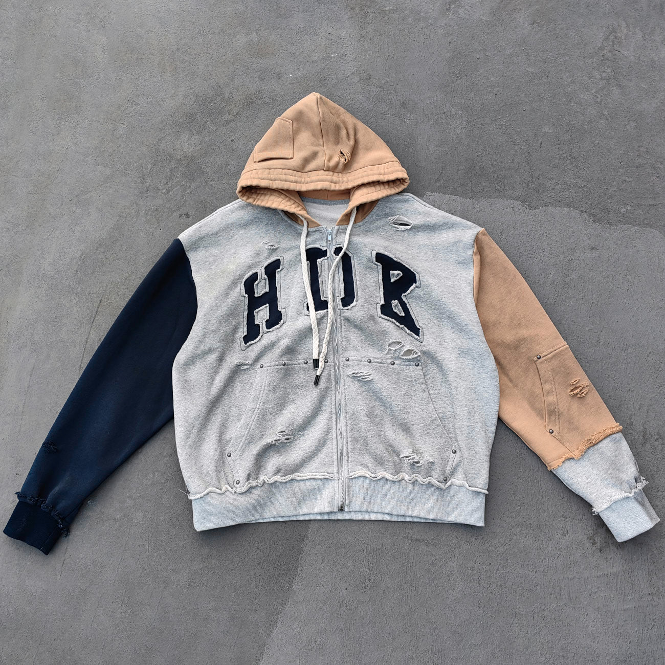 Varsity Letter Patch Zip Up Hoodie - Tri Color Ripped Distressed Y2K Streetwear