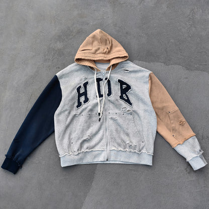 Varsity Letter Patch Zip Up Hoodie - Tri Color Ripped Distressed Y2K Streetwear