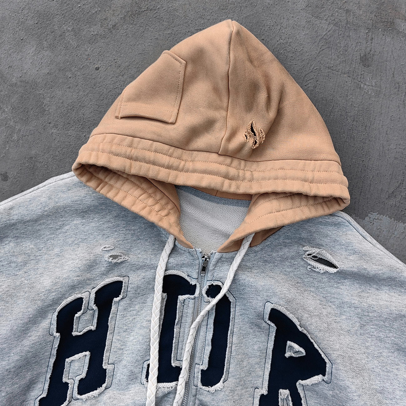 Varsity Letter Patch Zip Up Hoodie - Tri Color Ripped Distressed Y2K Streetwear