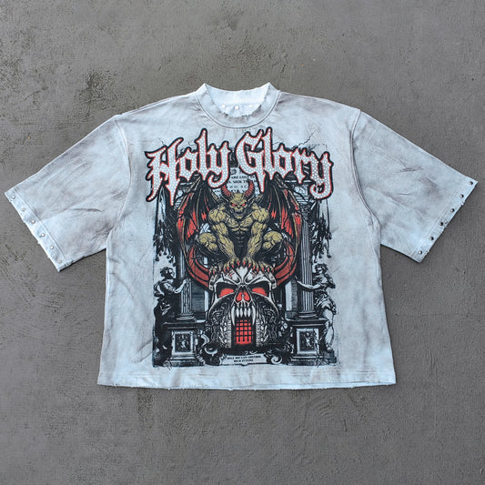 Holy Glory Rhinestone Graphic Tee - White Acid Wash Demon Skull Print Studded Ripped Y2K Streetwear