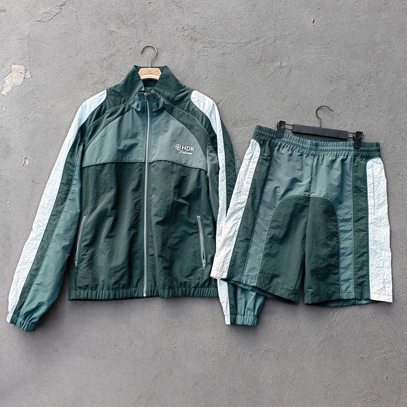 Dark Green Color Block Tracksuit - Y2K Reflective Panel Windbreaker Jacket and Shorts Set