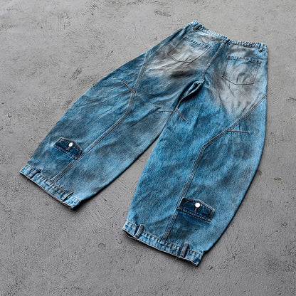 Curved Wide Leg Jeans - Light Blue Acid Wash Asymmetric Wrap Front Arc Panel Y2K Streetwear
