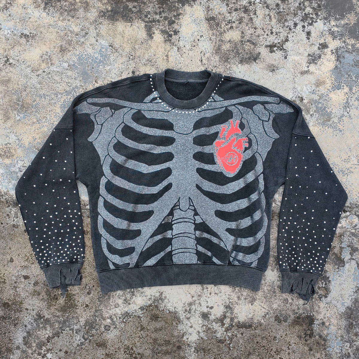 Camouflage Distressed Crewneck - Rhinestone Heart Studded Sweatshirt