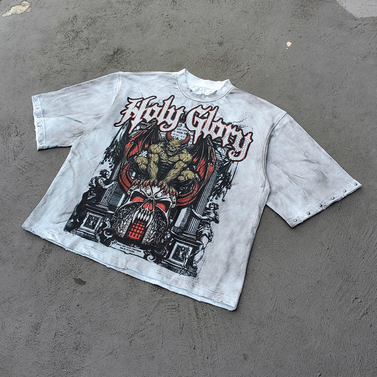 Holy Glory Rhinestone Graphic Tee - White Acid Wash Demon Skull Print Studded Ripped Y2K Streetwear