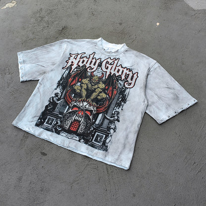 Holy Glory Rhinestone Graphic Tee - White Acid Wash Demon Skull Print Studded Ripped Y2K Streetwear