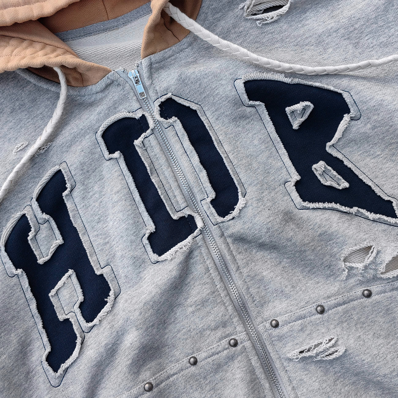 Varsity Letter Patch Zip Up Hoodie - Tri Color Ripped Distressed Y2K Streetwear
