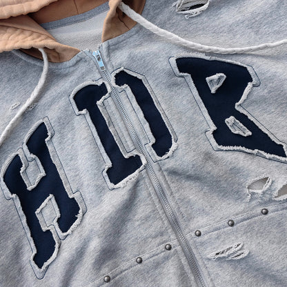 Varsity Letter Patch Zip Up Hoodie - Tri Color Ripped Distressed Y2K Streetwear