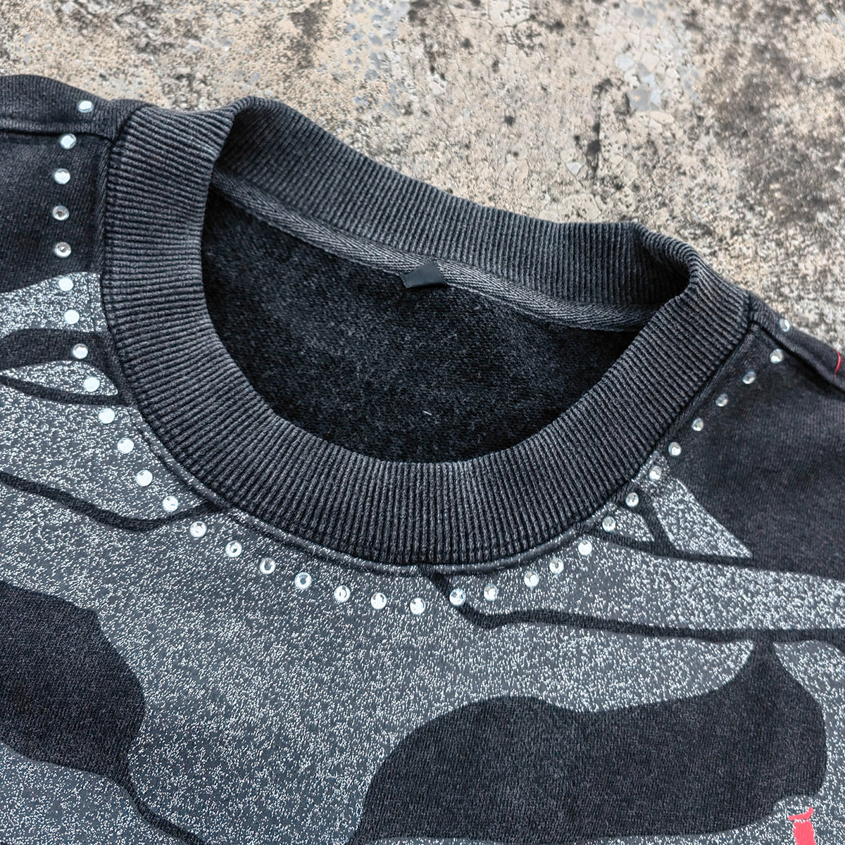 Camouflage Distressed Crewneck - Rhinestone Heart Studded Sweatshirt