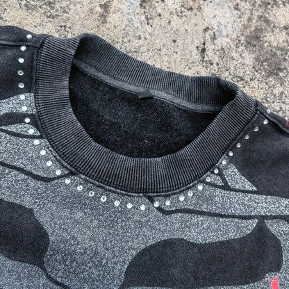 Camouflage Distressed Crewneck - Rhinestone Heart Studded Sweatshirt
