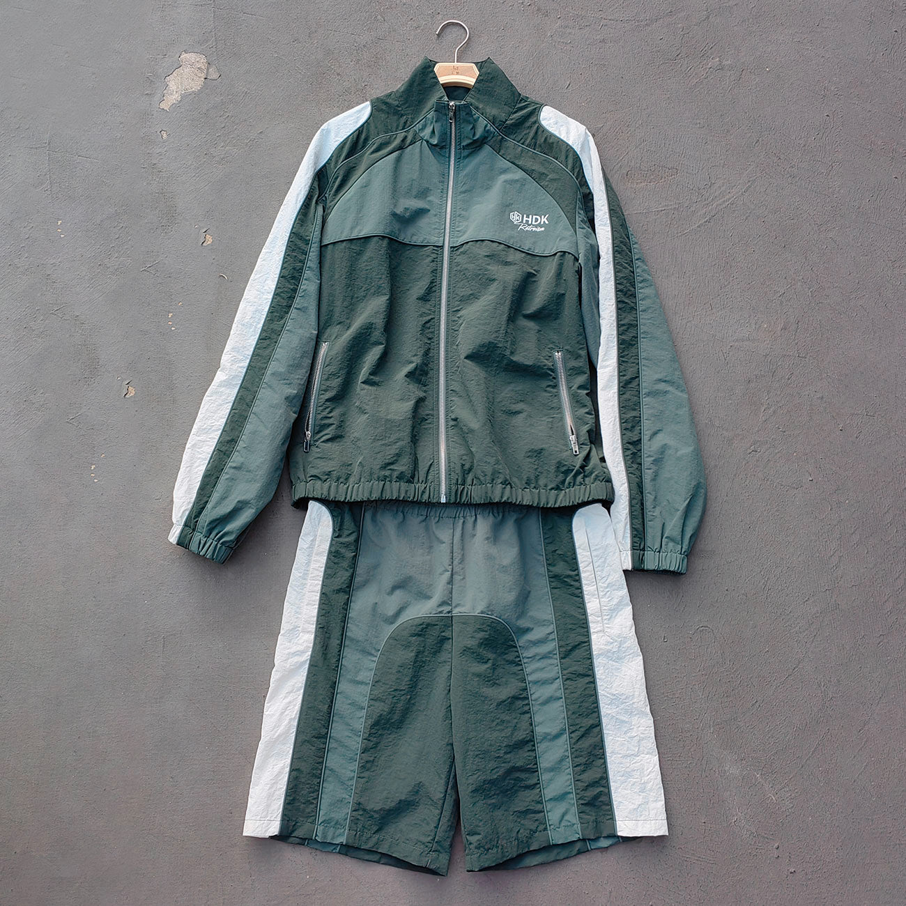 Dark Green Color Block Tracksuit - Y2K Reflective Panel Windbreaker Jacket and Shorts Set
