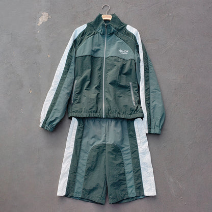 Dark Green Color Block Tracksuit - Y2K Reflective Panel Windbreaker Jacket and Shorts Set