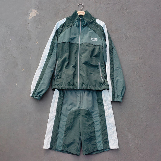 Dark Green Color Block Tracksuit - Y2K Reflective Panel Windbreaker Jacket and Shorts Set