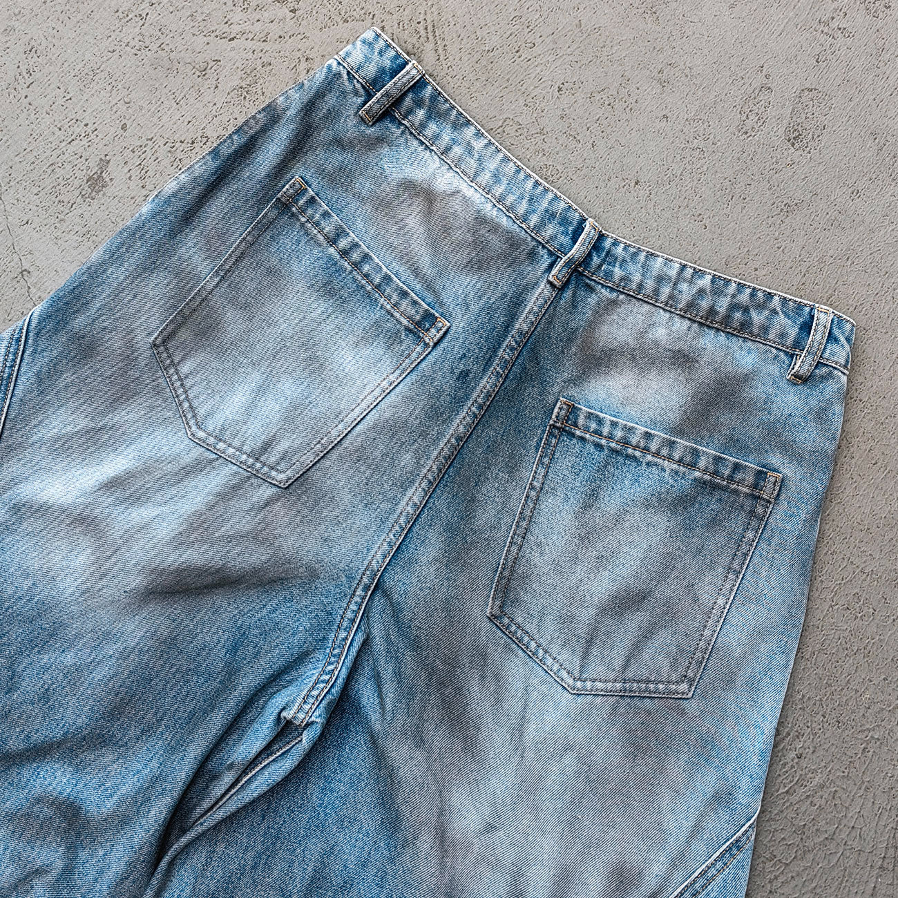 Curved Wide Leg Jeans - Light Blue Acid Wash Asymmetric Wrap Front Arc Panel Y2K Streetwear