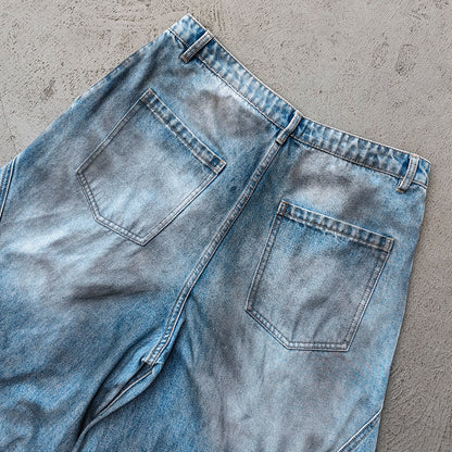 Curved Wide Leg Jeans - Light Blue Acid Wash Asymmetric Wrap Front Arc Panel Y2K Streetwear