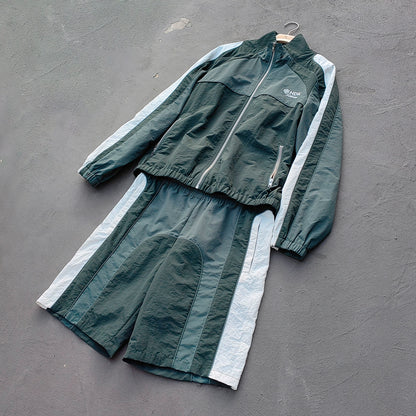 Dark Green Color Block Tracksuit - Y2K Reflective Panel Windbreaker Jacket and Shorts Set