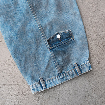 Curved Wide Leg Jeans - Light Blue Acid Wash Asymmetric Wrap Front Arc Panel Y2K Streetwear