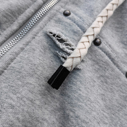 Varsity Letter Patch Zip Up Hoodie - Tri Color Ripped Distressed Y2K Streetwear