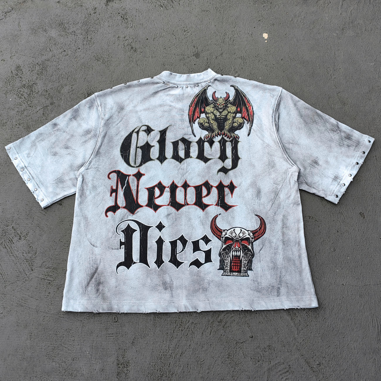 Holy Glory Rhinestone Graphic Tee - White Acid Wash Demon Skull Print Studded Ripped Y2K Streetwear