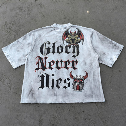Holy Glory Rhinestone Graphic Tee - White Acid Wash Demon Skull Print Studded Ripped Y2K Streetwear