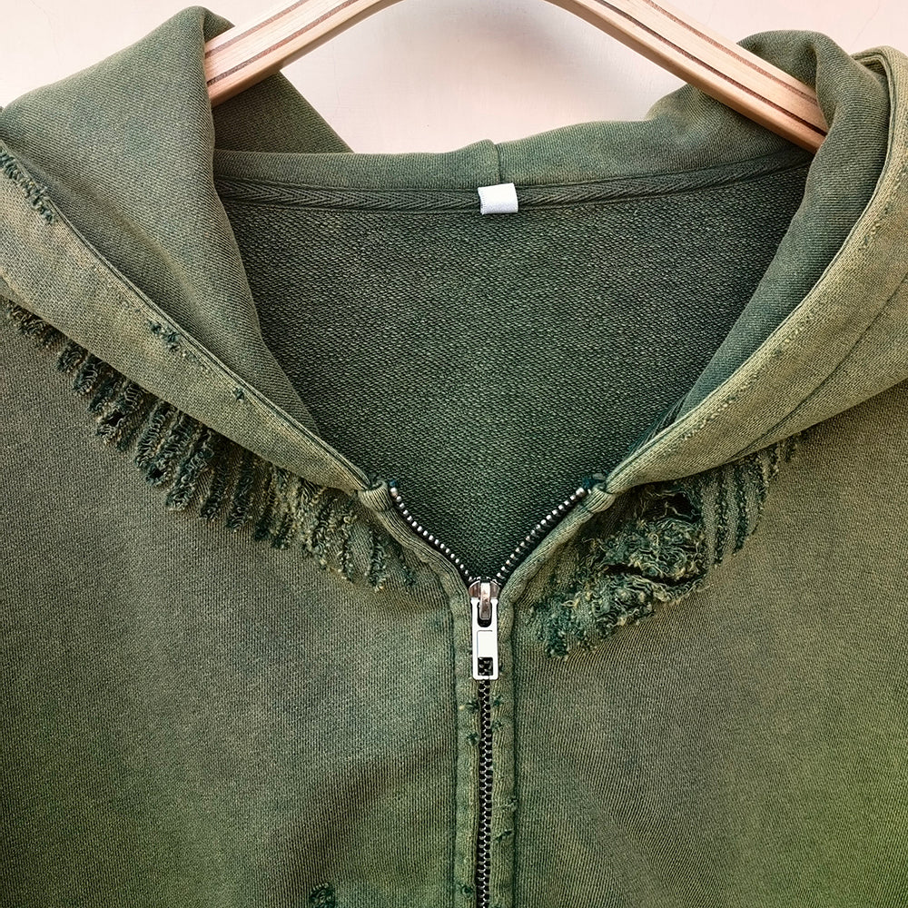 Distressed Zip Up Hoodie - Flame Print Grunge Vintage Streetwear