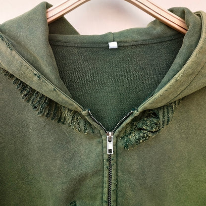 Distressed Zip Up Hoodie - Flame Print Grunge Vintage Streetwear