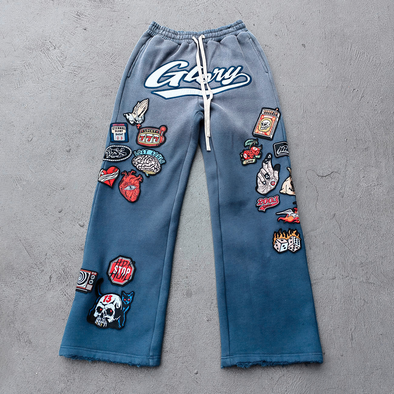 Gray Blue Glory Patch Pants - Multi Badge Embroidered Acid Wash Wide Leg Drawstring Y2K Oversized