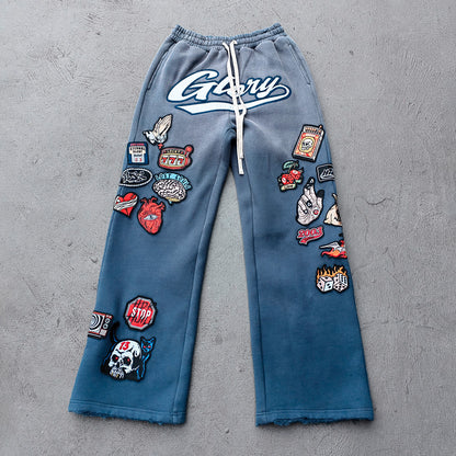 Gray Blue Glory Patch Pants - Multi Badge Embroidered Acid Wash Wide Leg Drawstring Y2K Oversized