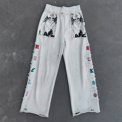 Gothic Letter Patch Sweatpants - White Distressed Multi Color Y2K Streetwear