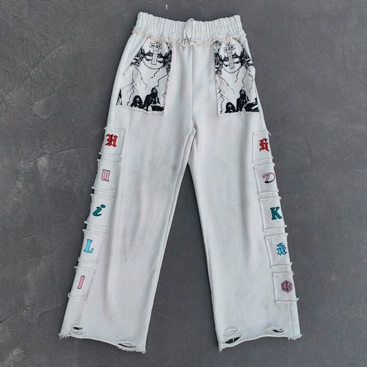 Gothic Letter Patch Sweatpants - White Distressed Multi Color Y2K Streetwear