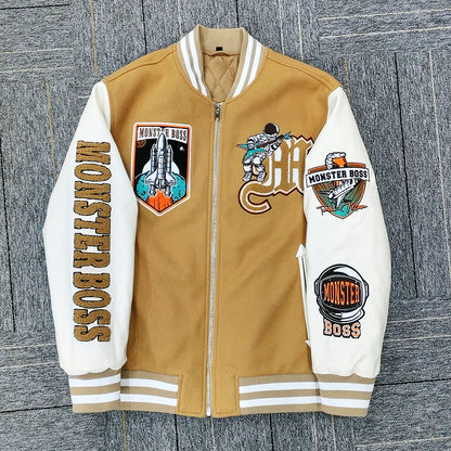 Huili Fabrik Großhandel benutzerdefinierte Logo Chenille Stickerei Letterman College Jacke mit Lederärmeln 