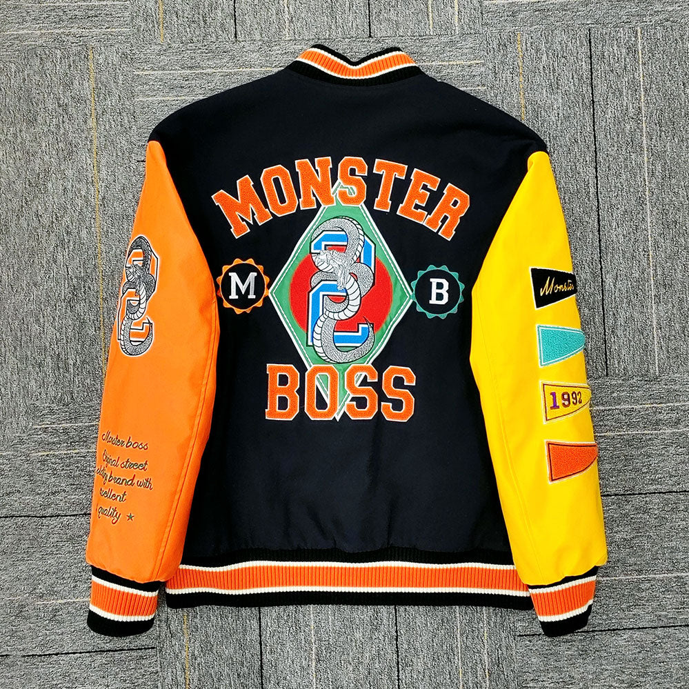 Huili factory wholesale custom logo chenille embroidery letterman varsity jacket with leather sleeves