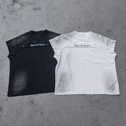 ENERGY HDK Sleeveless Tee - Black White Waffle Knit Cut Off Muscle Tee Distressed Ripped Y2K Streetwear