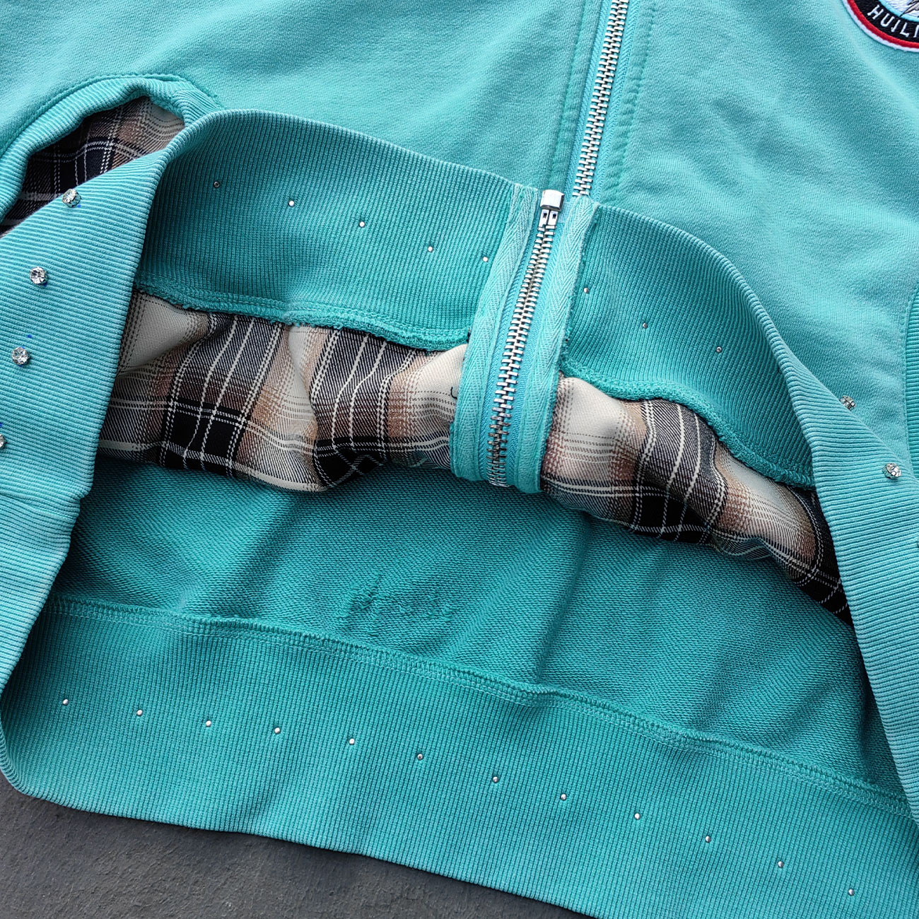 Heavily Distressed Zip Up Hoodie - Mint Studded Ripped Plaid Lining Y2K